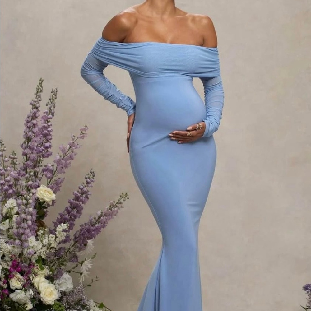 Club L London Off-Shoulder Long Sleeve Blue Dress